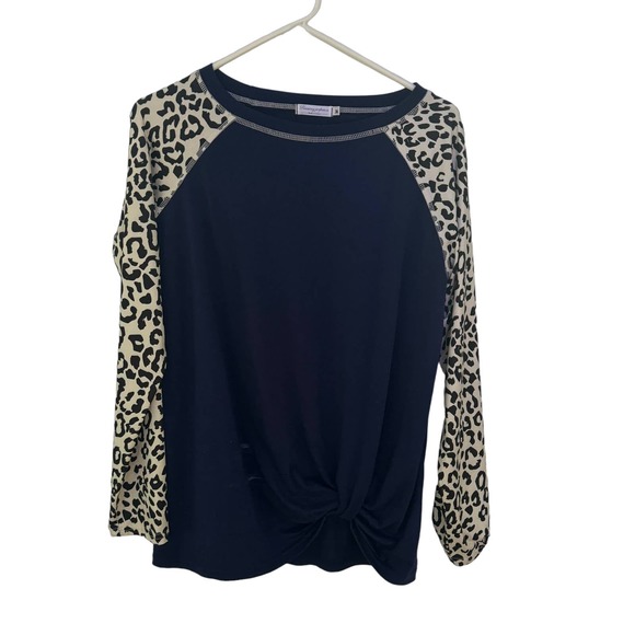 Leopard Print Women's Long Sleeved Twist Top Raglan Sleeve Baseball Tee Medium - Picture 2 of 9